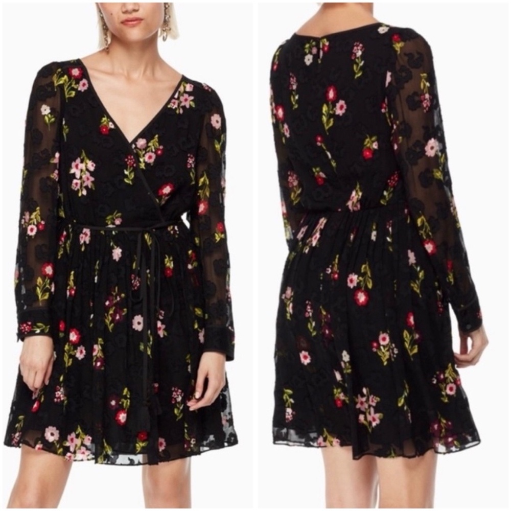 Kate Spade New York Women Size 8 Black Floral Tassel Tie Long Sleeve Dress